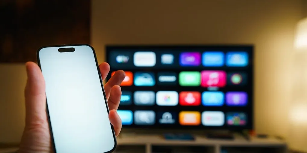 A hand holding a smartphone in front of a television streaming interface