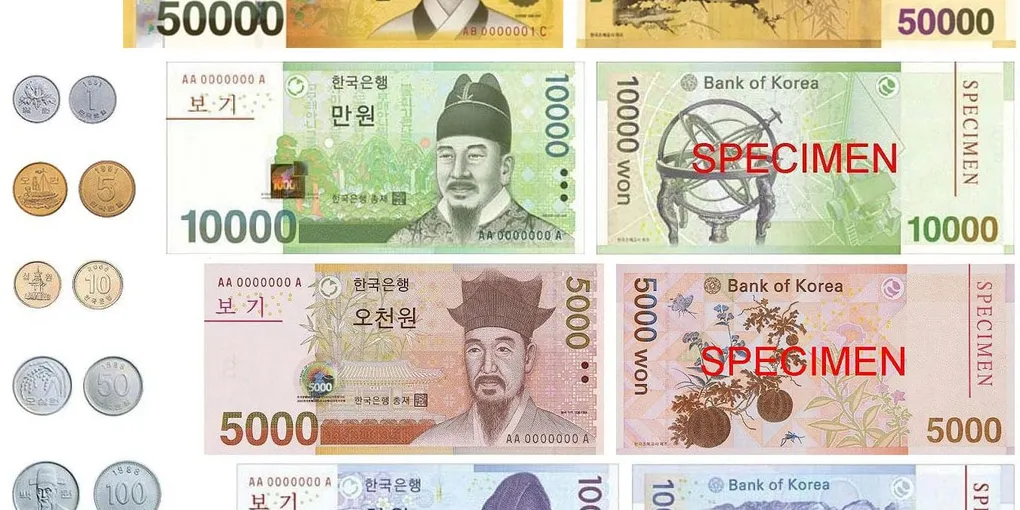 한국은행이 발행한 원화 지폐와 주화의 표본 이미지
